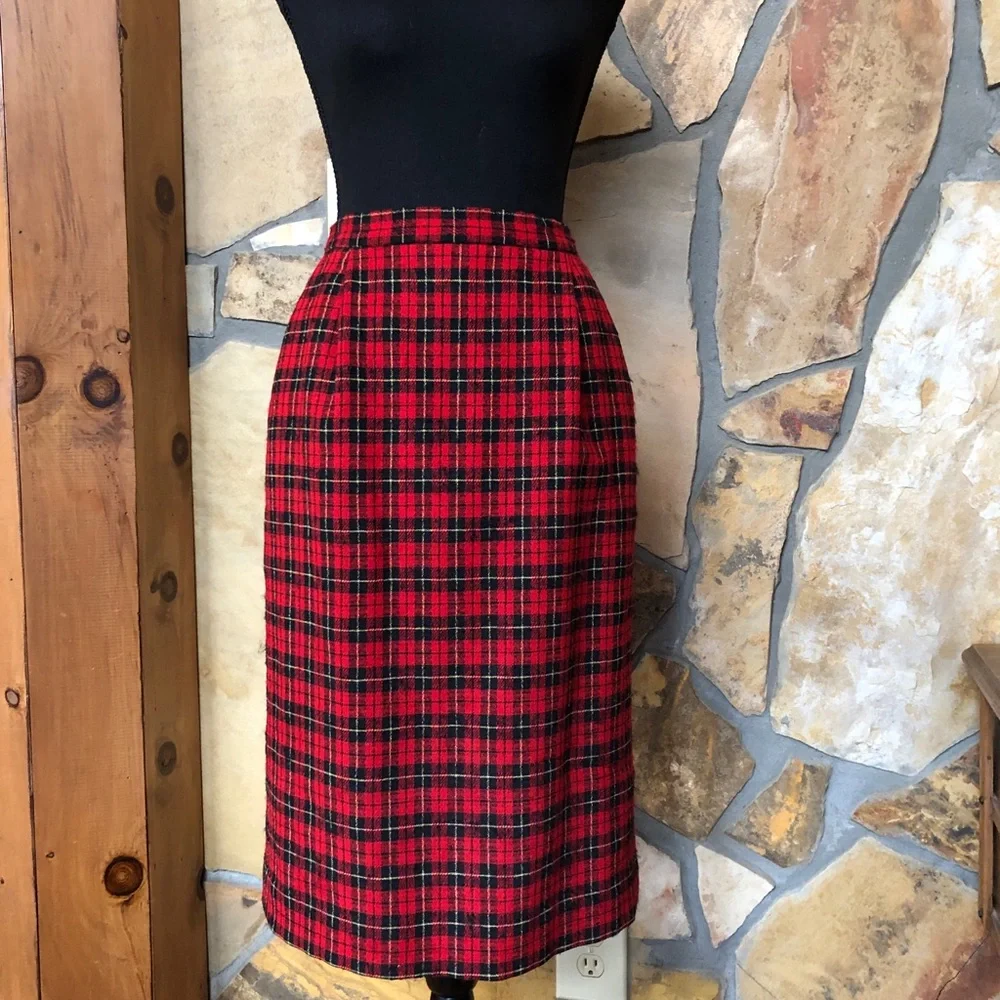 Pendleton Tartan Plaid Wool Pencil Skirt Lined Red Black (00 XXS Petite)